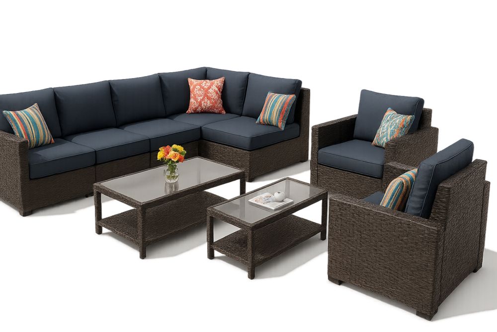 Polyrottinki ulkokalusteet setti karkaistu lasipöytä sininen tyynynpäällinen-lumiaurorahaven