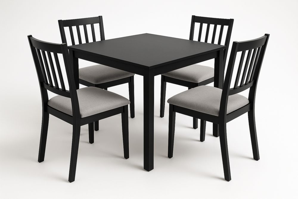 Puinen Ruokailuryhmä Neliskulmainen Pöytä ja 4 Tuolia Musta/Polyesteri Harmaa-lumiaurorahaven