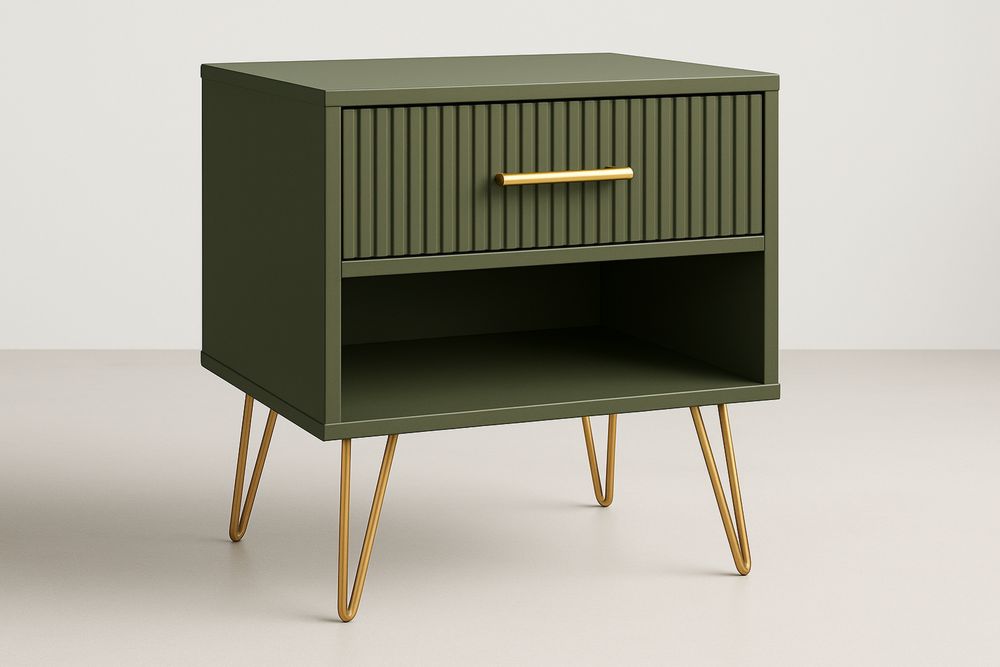 Puu-metalli yöpöytä laatikolla vihreä-kulta-lumiaurorahaven