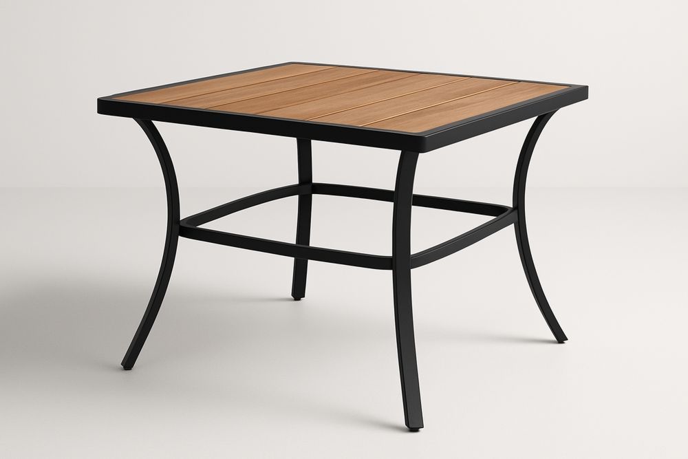 Neliönmuotoinen puinen pöytä metallirungolla 90x90x75 cm-lumiaurorahaven