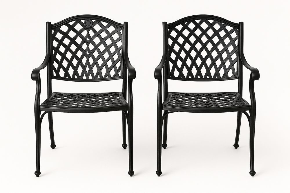 Kaksi mustaa alumiinituolia ristikkoistuin-lumiaurorahaven