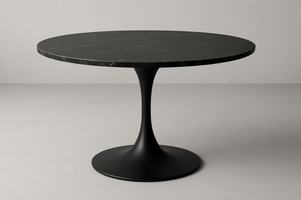 Pyöreä marmorikansi ruokapöytä musta metallijalka 120cm-lumiaurorahaven
