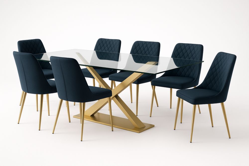 Karkaistu Lasinen Ruokapöytä ja 7 Sametti Tuolia Kullanvärinen Rungolla-lumiaurorahaven