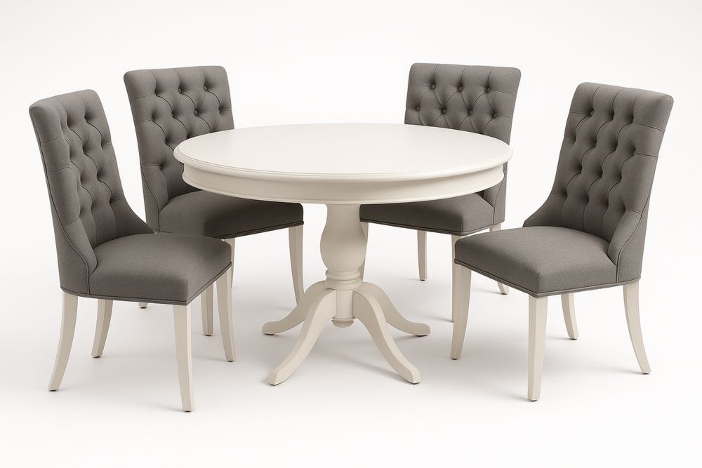 Pyöreä ruokapöytä ja tuolit setti MDF Valkoinen/Polyesterikangas Harmaa-lumiaurorahaven