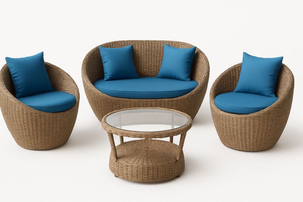 Polyrottinki ulkokalustesetti sininen tyyny ja pyöreä lasipöytä-lumiaurorahaven