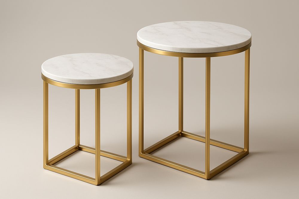 Marmorikansi ja kultametallirunkoiset pyöreät sivupöydät 40/50 cm-lumiaurorahaven
