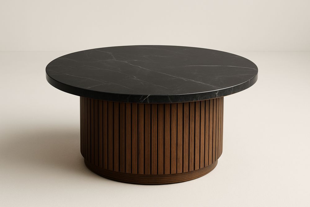 Pyöreä marmori- ja puupöytä musta/pähkinä 100 cm-lumiaurorahaven