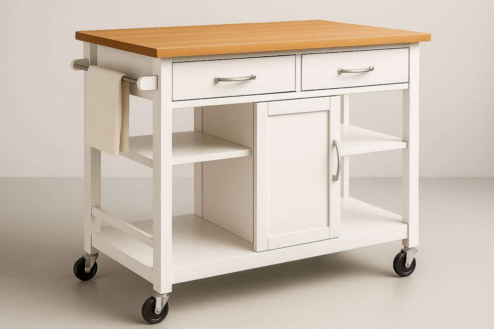 Keittiösaareke pyörillä vaahterapuu tasolla valkoinen-lumiaurorahaven