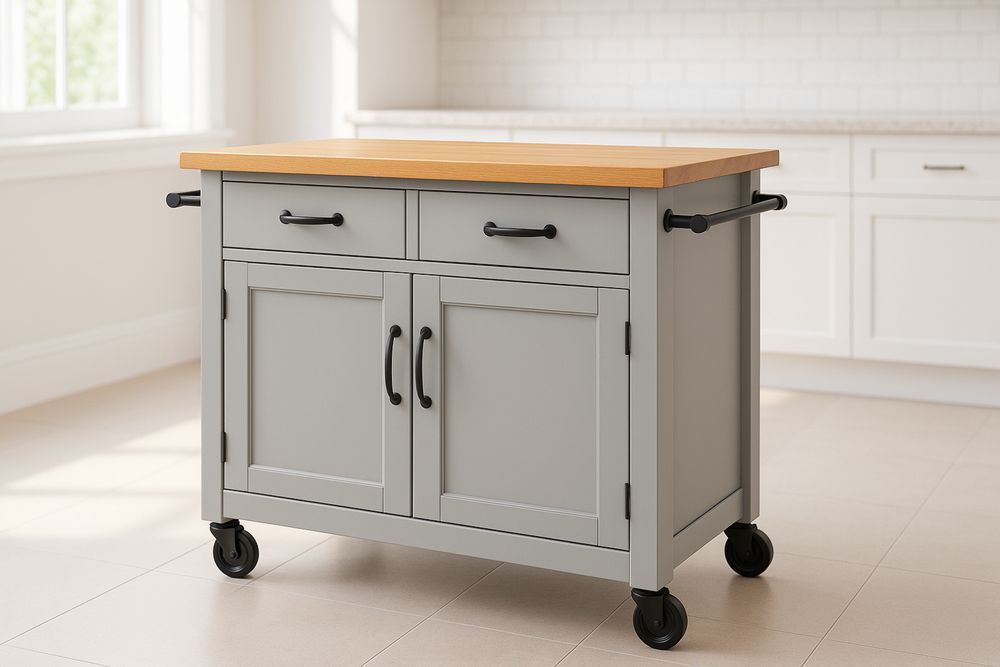 Keittiövaunu pyörillä vetolaatikoilla ja ovilla puinen taso harmaa-lumiaurorahaven