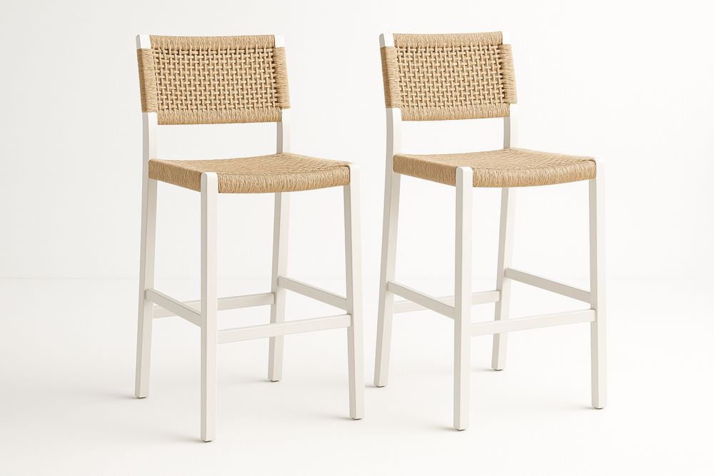 Kaksi metallirunkoista ja kudottua baarituolia valkoinen ja beige-lumiaurorahaven