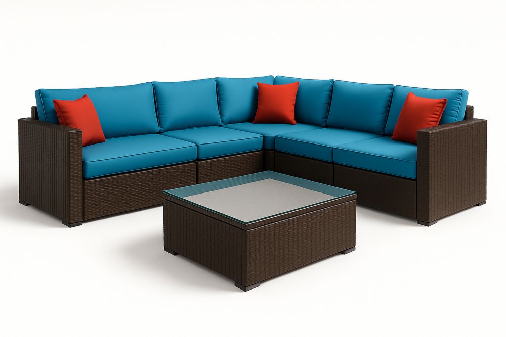 Polyrottinki Kulmasohva Setti Sininen/Ruskea teräslasipöydällä-lumiaurorahaven