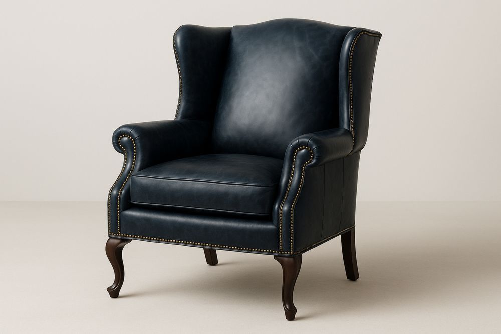 Nahkainen nojatuoli tummansininen korkea selkänoja puiset jalat-lumiaurorahaven