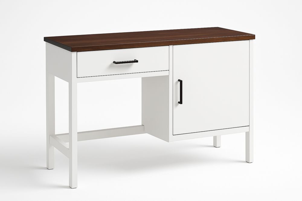 MDF-pöytä puukannella ja kaapilla, valkoinen/ruskea-lumiaurorahaven