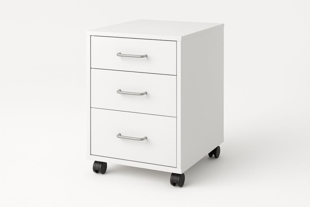 Valkoinen pyörillä varustettu kolmilätikkoinen toimistokaappi MDF-teräskahvat-lumiaurorahaven
