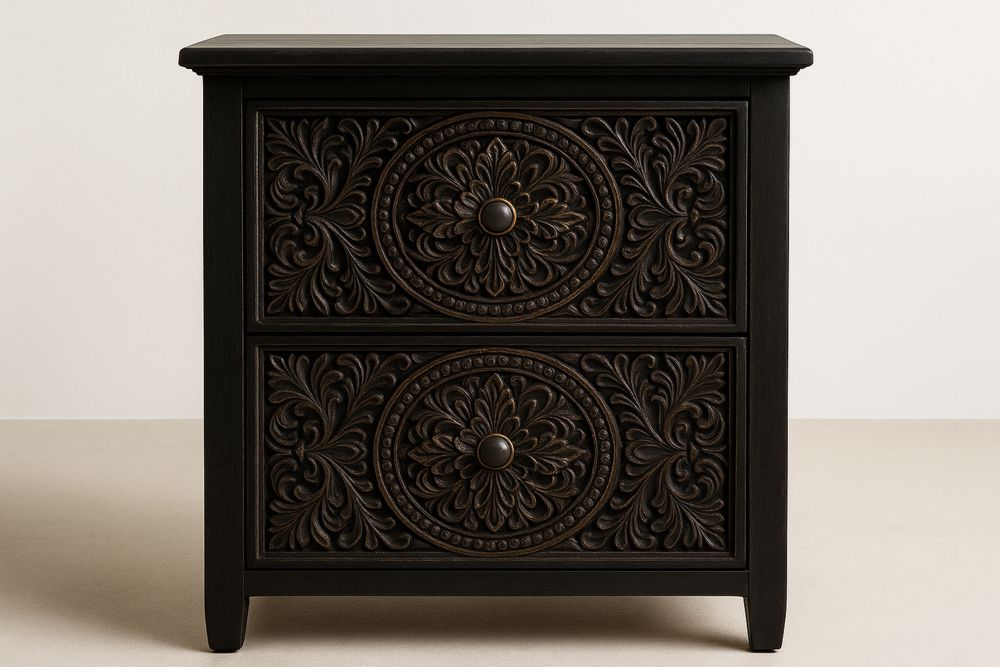 Koristeellisesti kaiverrettu puinen yöpöytä, 2 laatikkoa-lumiaurorahaven