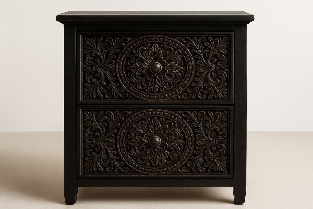 Koristeellisesti kaiverrettu puinen yöpöytä, 2 laatikkoa-lumiaurorahaven