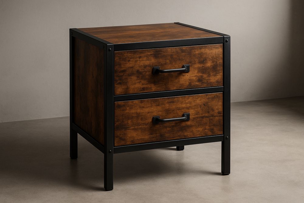 Kaksilaatikkoinen yöpöytä, puu/metalli, ruskea/musta-lumiaurorahaven