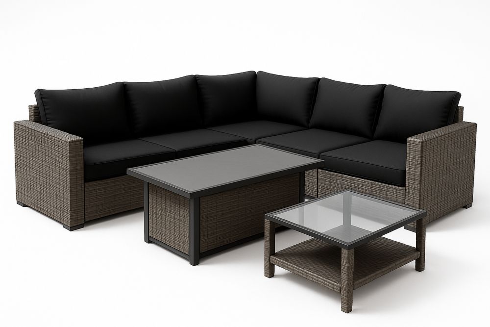 Polyrottinki Kulmasohvaryhmä Mustilla Tyynyillä ja Lasipöydillä-lumiaurorahaven