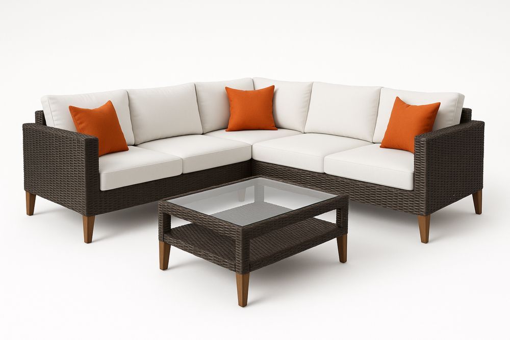 Polyrottinki Kulmasohva ja Pöytä, Valkoinen/Ruskea/Oranssi-lumiaurorahaven