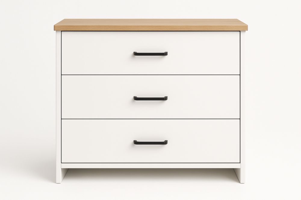 Valkoinen Lipasto, MDF ja Metalli, Pyökinvärinen Pinta, 90x40x80 cm, Kolme Laatikoa-lumiaurorahaven