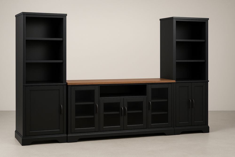 Puinen musta tv-taso ja hyllystö kiintolevystä-lumiaurorahaven