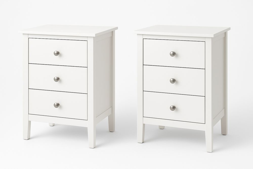 Kaksi Valkoista Yöpöytää MDF ja Täyspuu 3-laatikolla-lumiaurorahaven