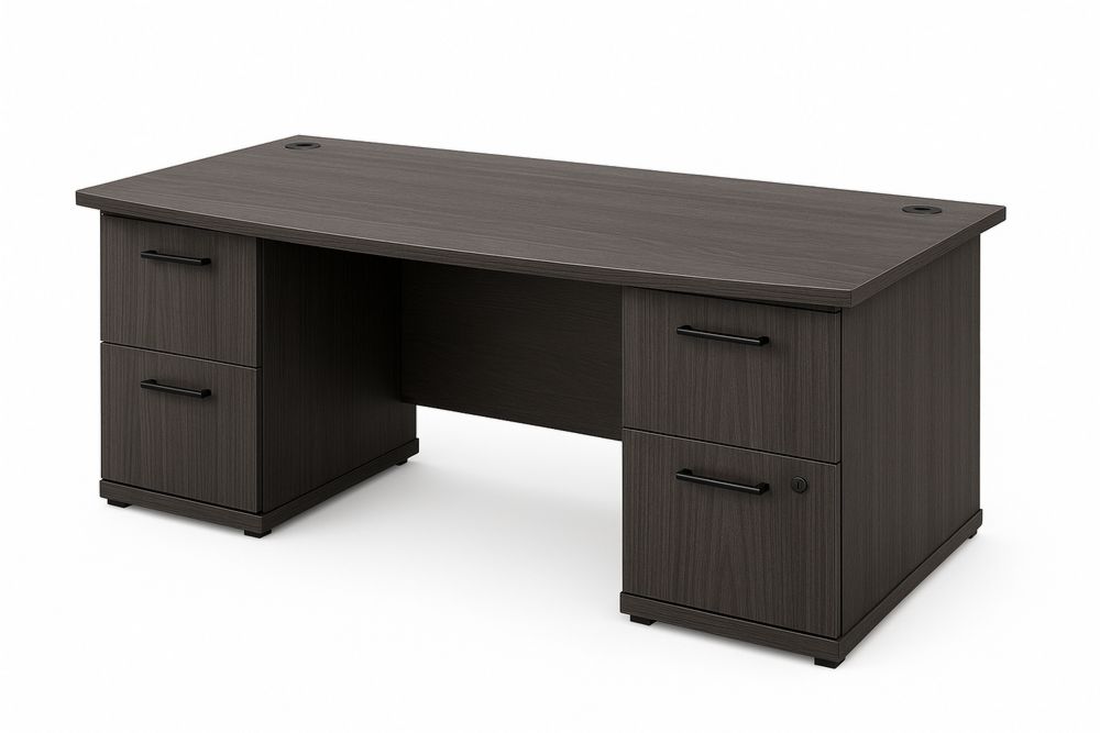 MDF-toimistopöytä neljällä laatikolla, tumma puu-lumiaurorahaven