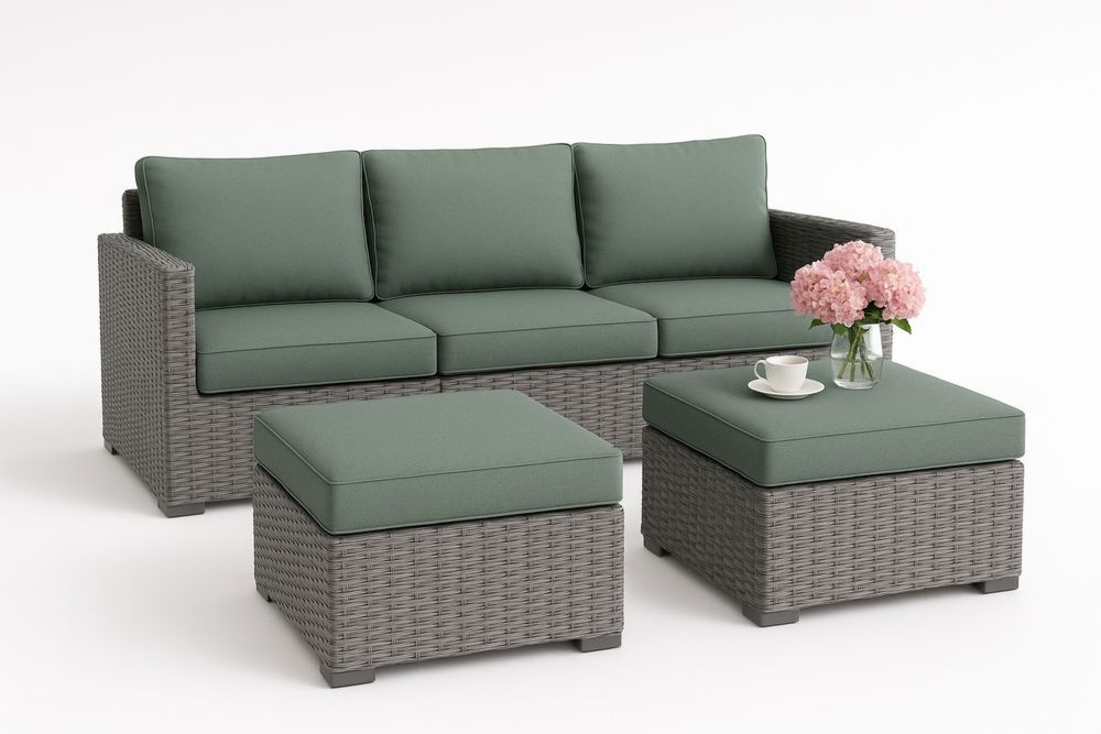 Ulkopatiokalustesetti polyrottinki sohvapöytä vihreillä tyynyillä-lumiaurorahaven