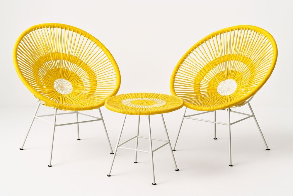 Polyeteeni ja teräksinen ulkotuolisarja, keltainen-lumiaurorahaven