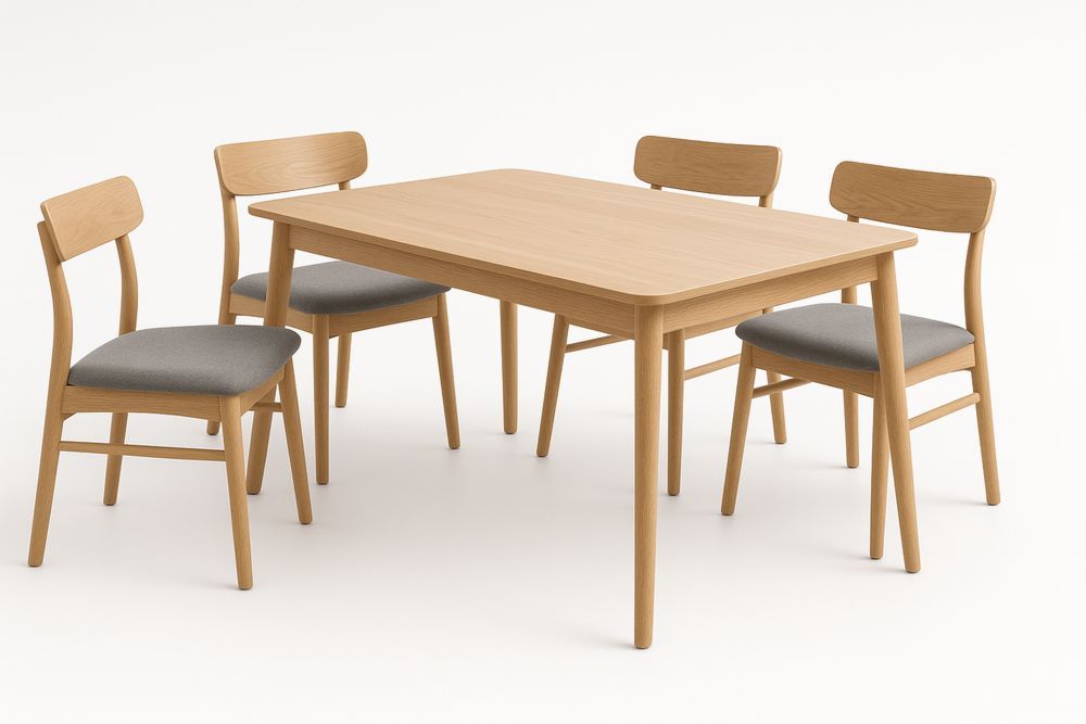 Ruokailuryhmä puupöytä ja 4 massiivipuutuolia, vaalea puu/harmaa-lumiaurorahaven