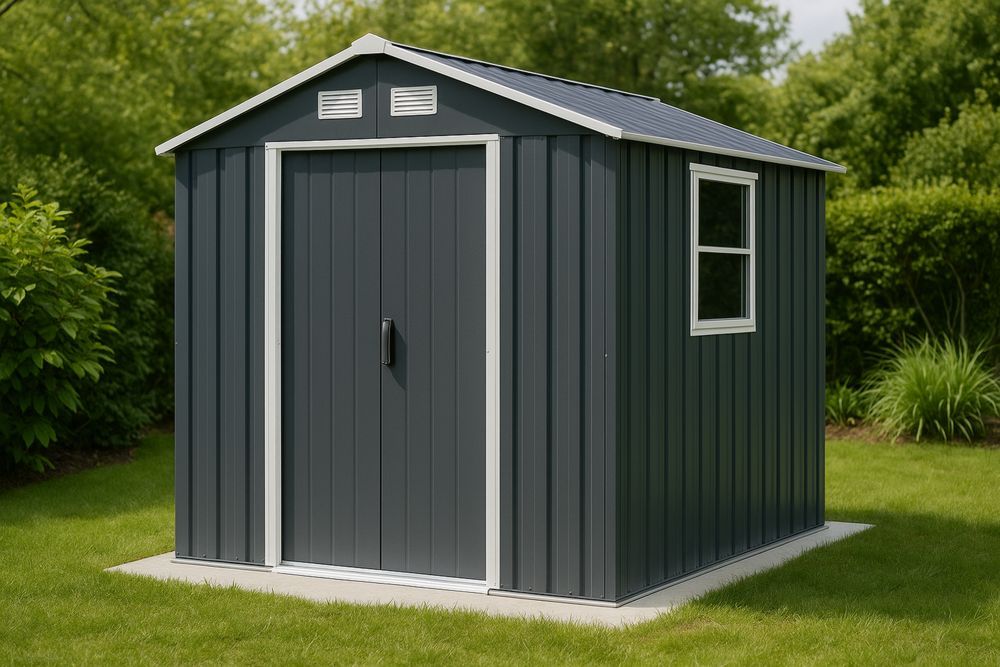 Tummanharmaa galvanoitu teräs pihavaja kirkkaalla ikkunalla ja liukuovella-lumiaurorahaven