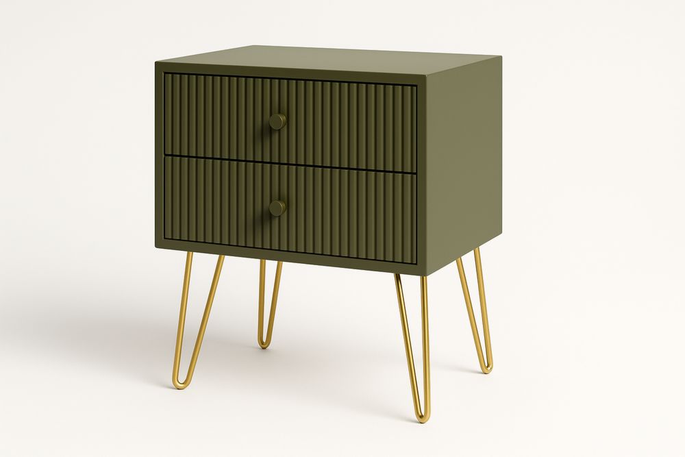 Oliivinvihreä yöpöytä 2 laatikkoa metallijalat-lumiaurorahaven