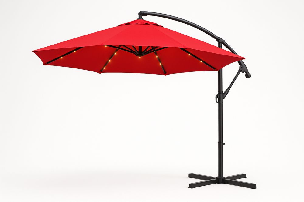 Punainen puutarhapäivänvarjo LED-valoilla, halkaisija 3 m, metallijalusta-lumiaurorahaven