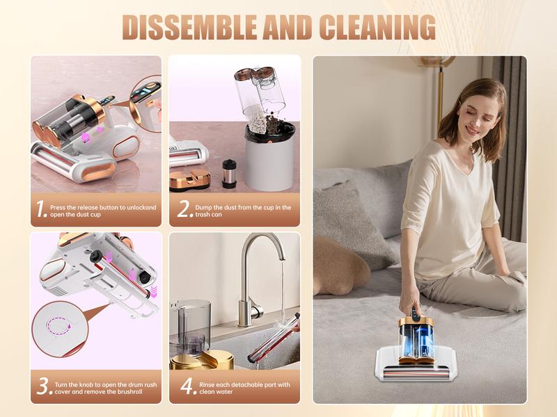 SRGARH Mattress Vacuum Cleaner, Bed Vacuum with 13000pa Powerful Suction 253.7nm UV-C Light, Ultrasonic Technology, 18000 RPM/Min Brushroll, Cordless Handheld Vacuum with Dual Bins for Dust, Pet Hair,etc Home Cleaning Machine Deep Cleaning Machine