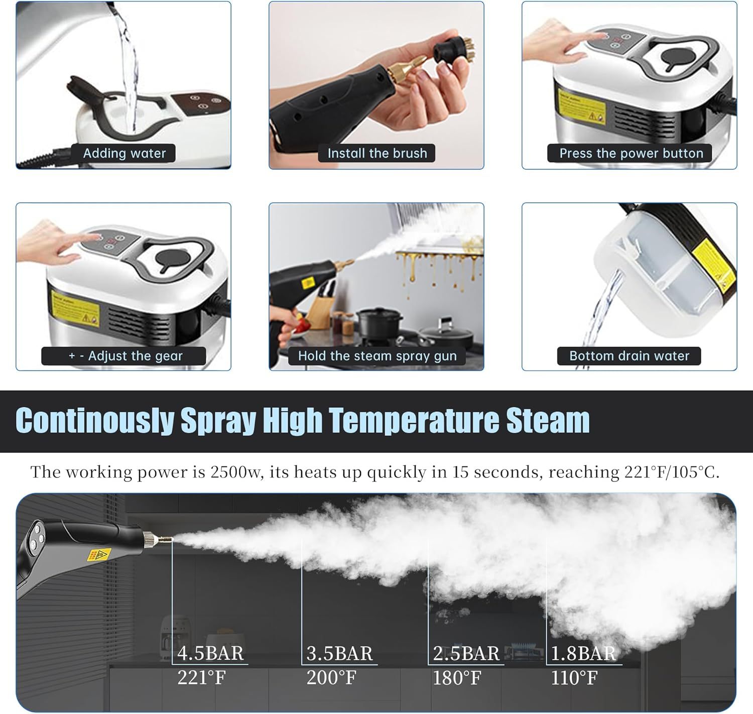 Powerful 2500W Handheld Steam Cleaner,15s Fast Heat-Up & High-Pressure Steam, 6-Level Adjustable Settings for Deep Cleaning on Floors, Kitchen, Bathroom, Car, Grout (White)
