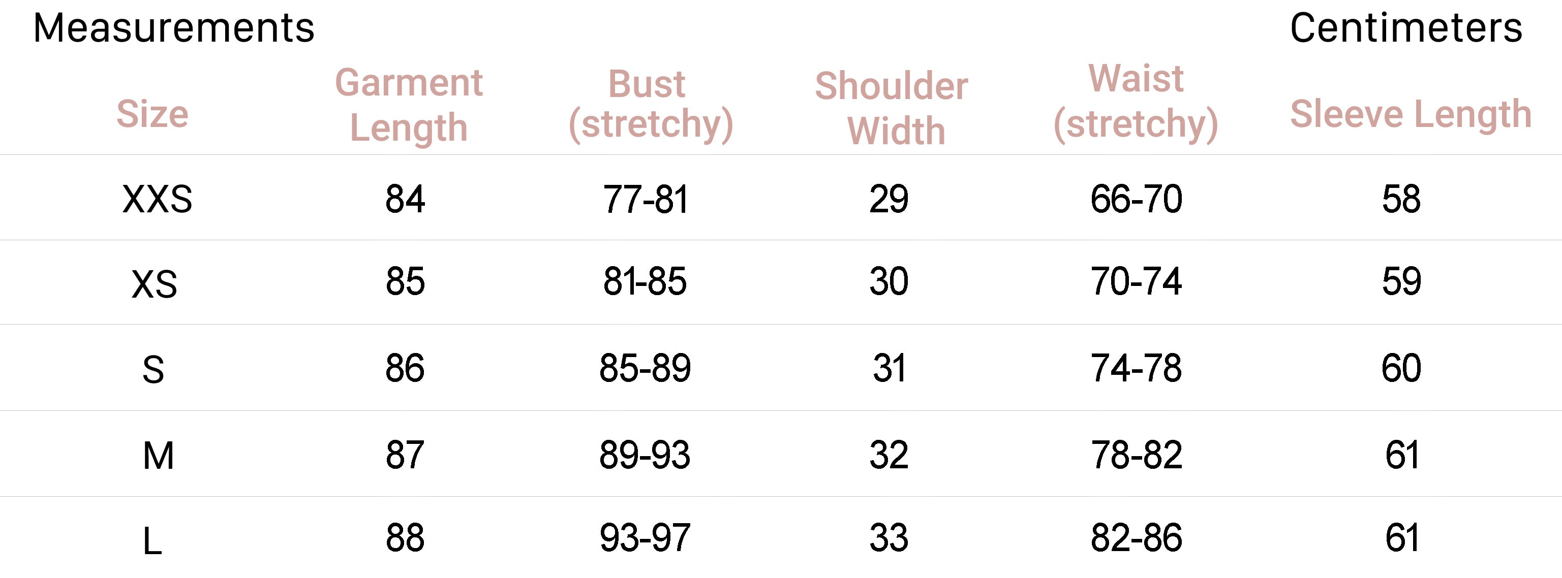 Measurements for Saffron Knit Dress in Latte