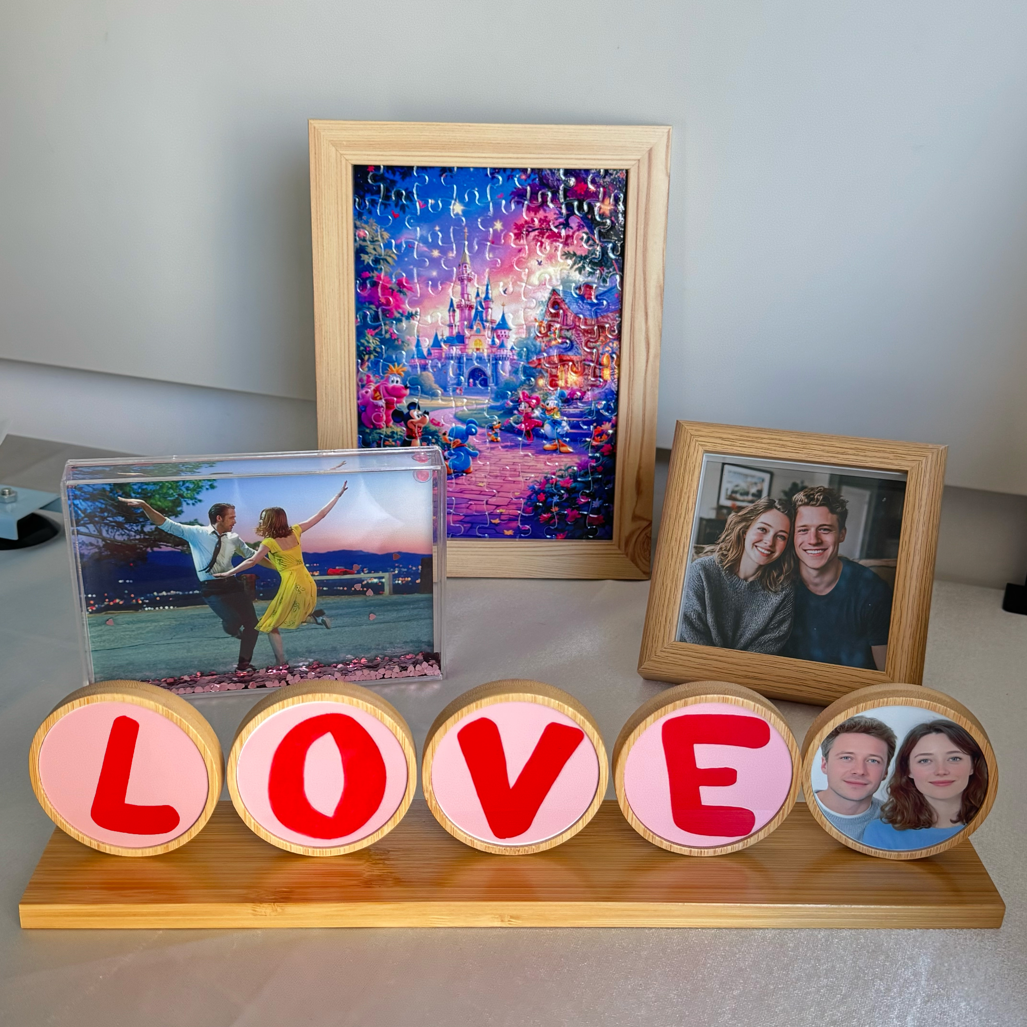Personalized photo display and LED wooden letter lights created using sublimation printing.