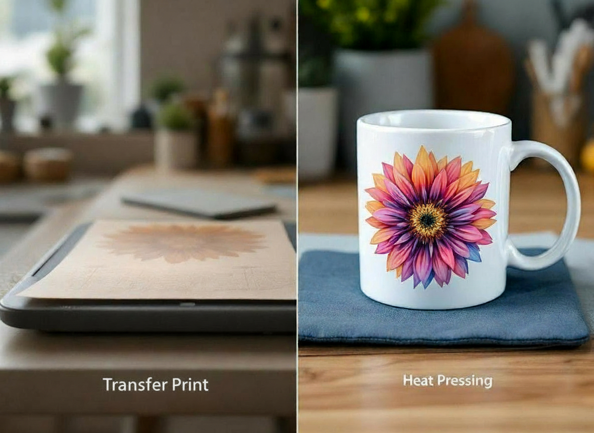 sublimation print before and after heat pressing showing faded transfer paper and vibrant final result