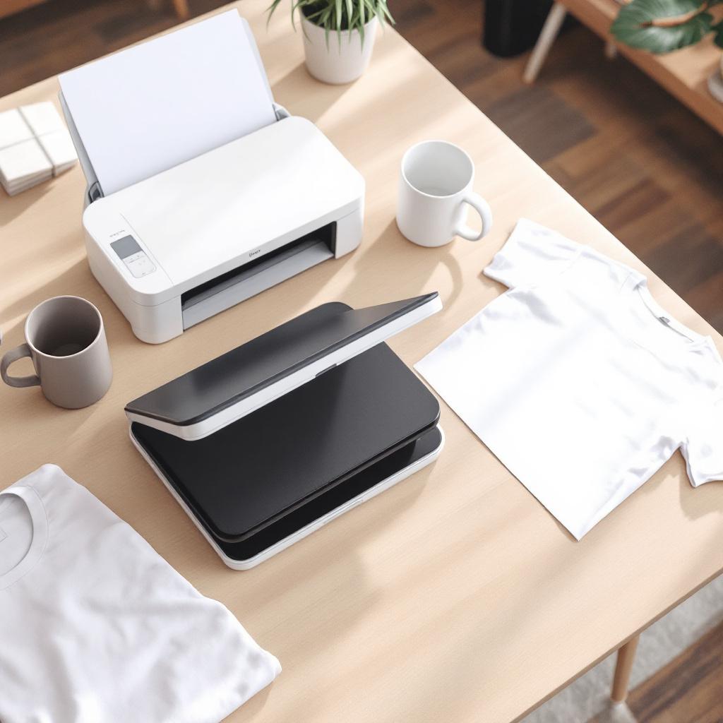 Basic sublimation tools arranged in a small workspace, including a printer, heat press, sublimation paper, and blank products.