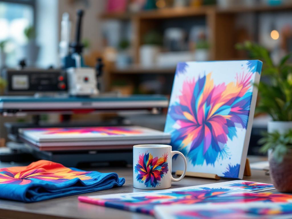 Colorful sublimation-printed products displayed in a workspace with a heat press in the background.