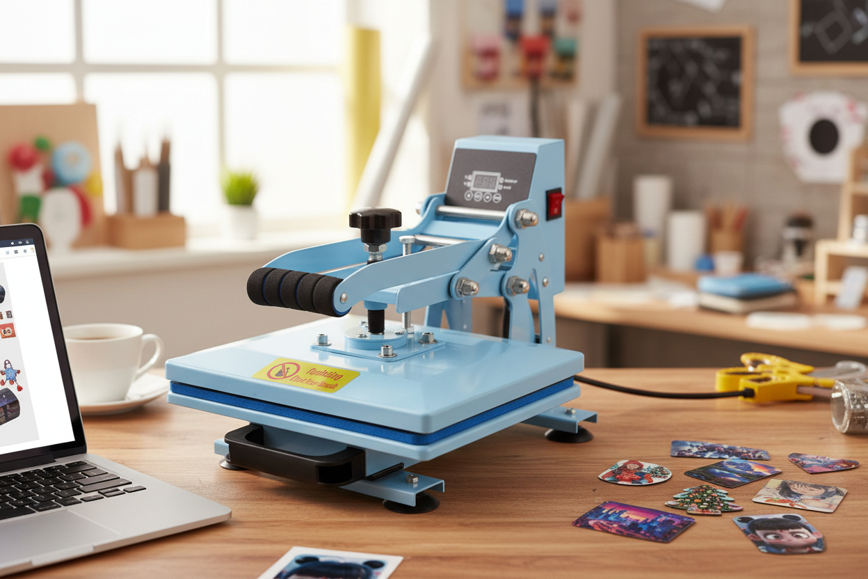 A heat press machine in a home workspace with finished sublimation products displayed nearby.