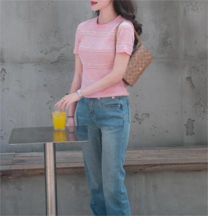 CHANE25SS Knit Colorblocked Stripe Patchwork Short Sleeve