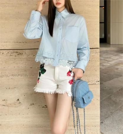 LOE25SS Hollow out lace patchwork shirt