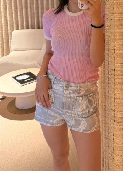 CHANE25SS Printed Pocket Denim Shorts