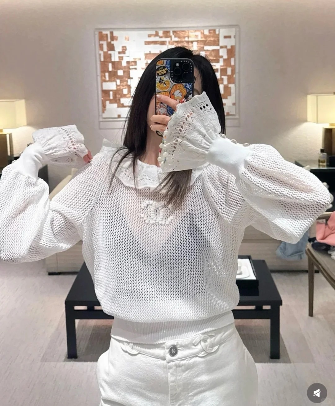 CHANE25SS Cutout Mesh Lace Neck Top