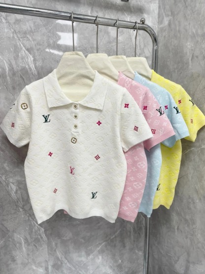 Louis Vuit25SS Embroidered Embossed Textured Lapel T-Shirt