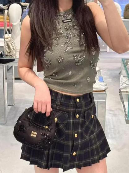 MIU25SS diamond-encrusted dark green sleeveless undershirt