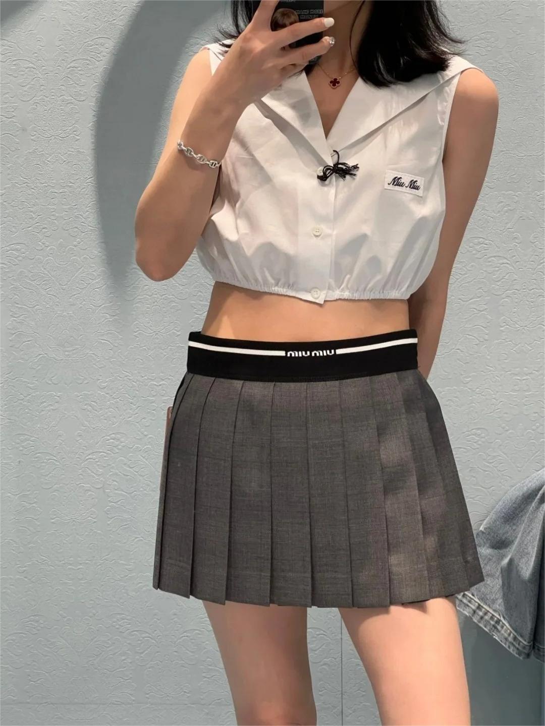 MIU Threaded Woven Letter Logo High Waisted Pleated Skirt