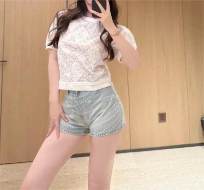 CHANE25SS Cutout Fabric Embroidery Short Sleeve Top