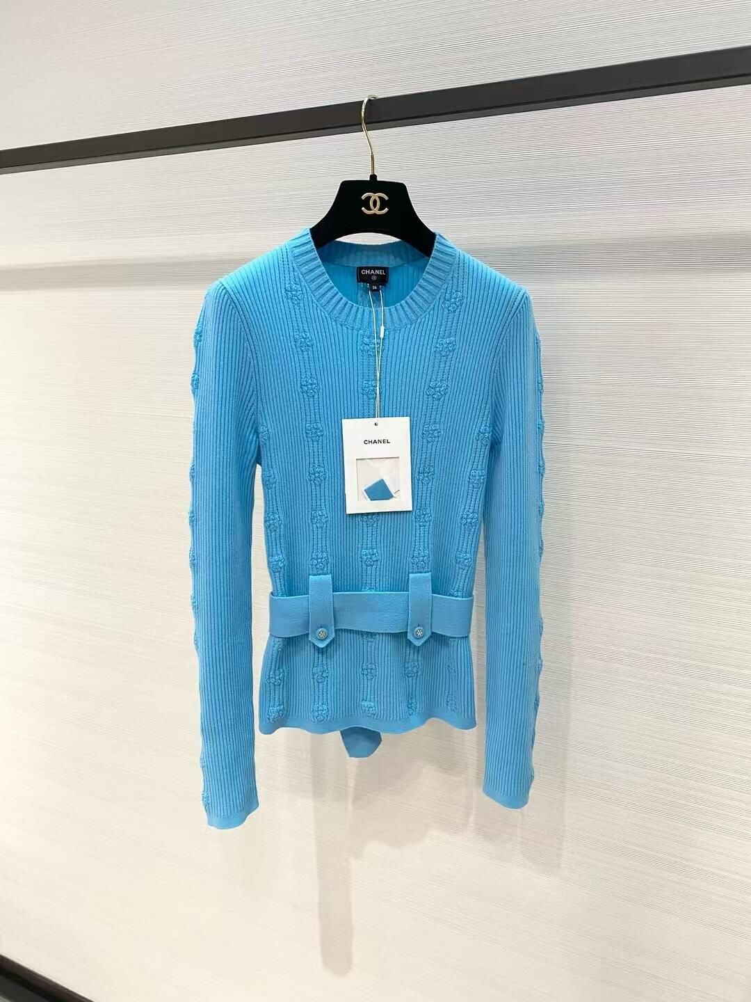 CHNEL Peacock Blue Belted Knit Top